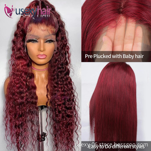 99J Burgundy Red Color Customized Texture Long 40-50 Inches Brazilian Cuticle Aligned Hair Lace Front Wigs